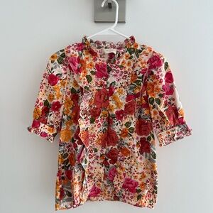 Sezane Red and Pink Floral Blouse with Ruffled Sleeves